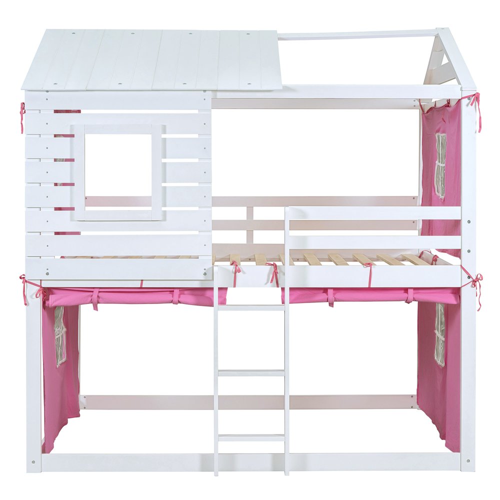 White Full Over Full Dollhouse Wood Bunk Bed
