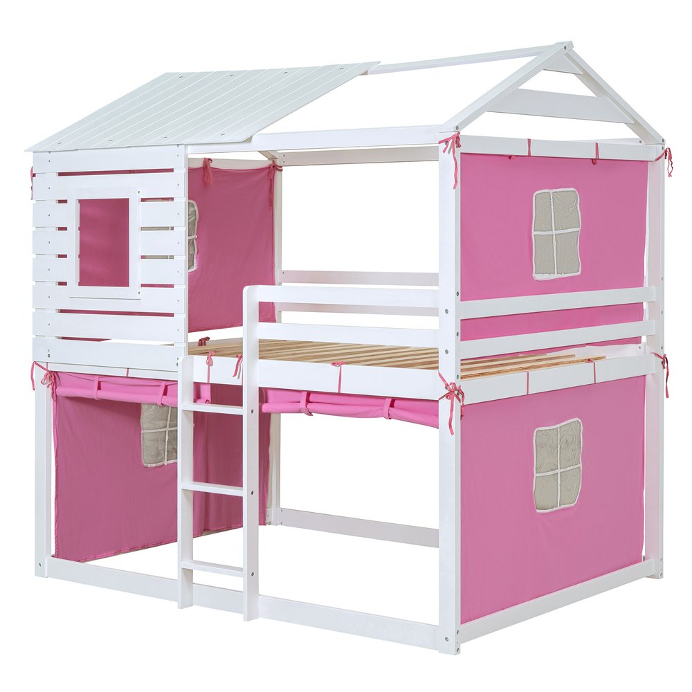 White Full Over Full Dollhouse Wood Bunk Bed