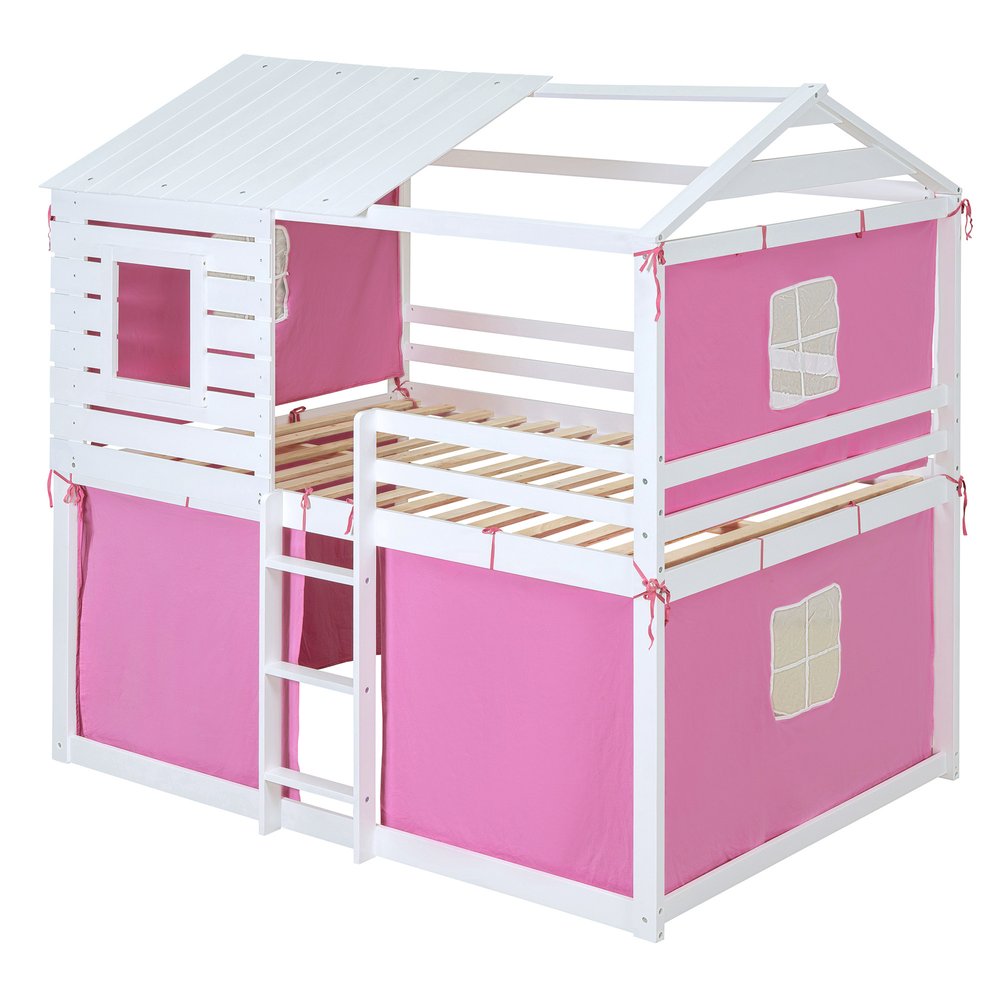 White Full Over Full Dollhouse Wood Bunk Bed