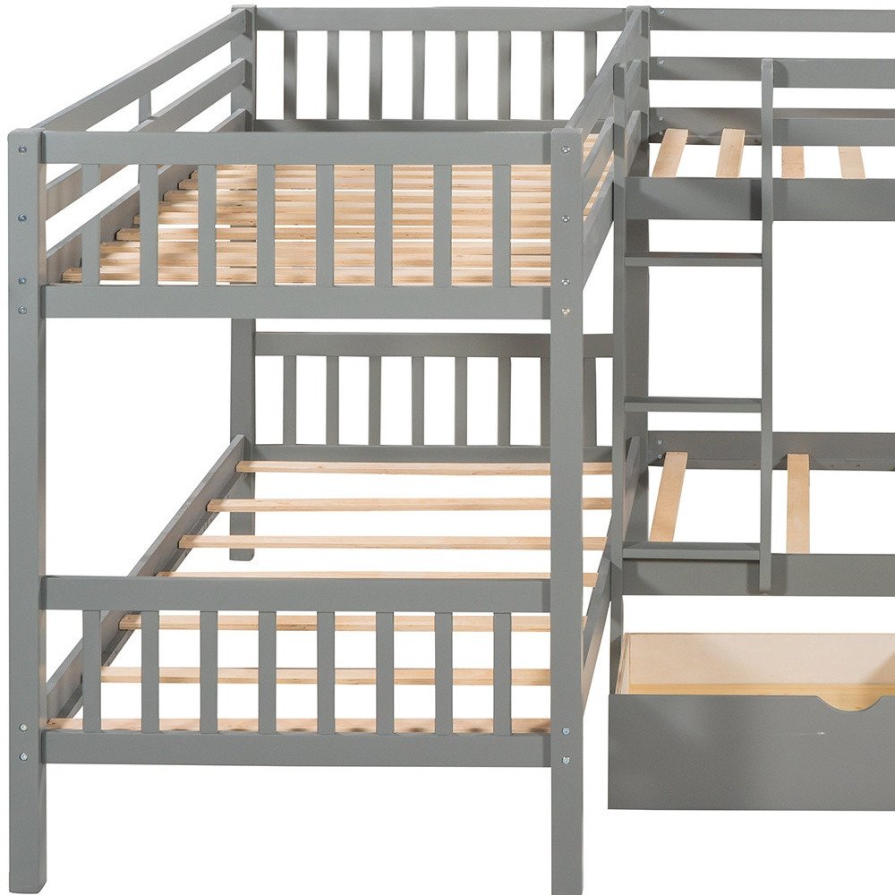 Gray Twin Over Twin L Shaped Wood Bunk Bed With Drawers