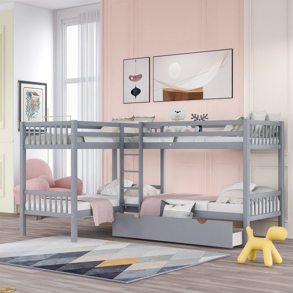 Gray Twin Over Twin L Shaped Wood Bunk Bed With Drawers