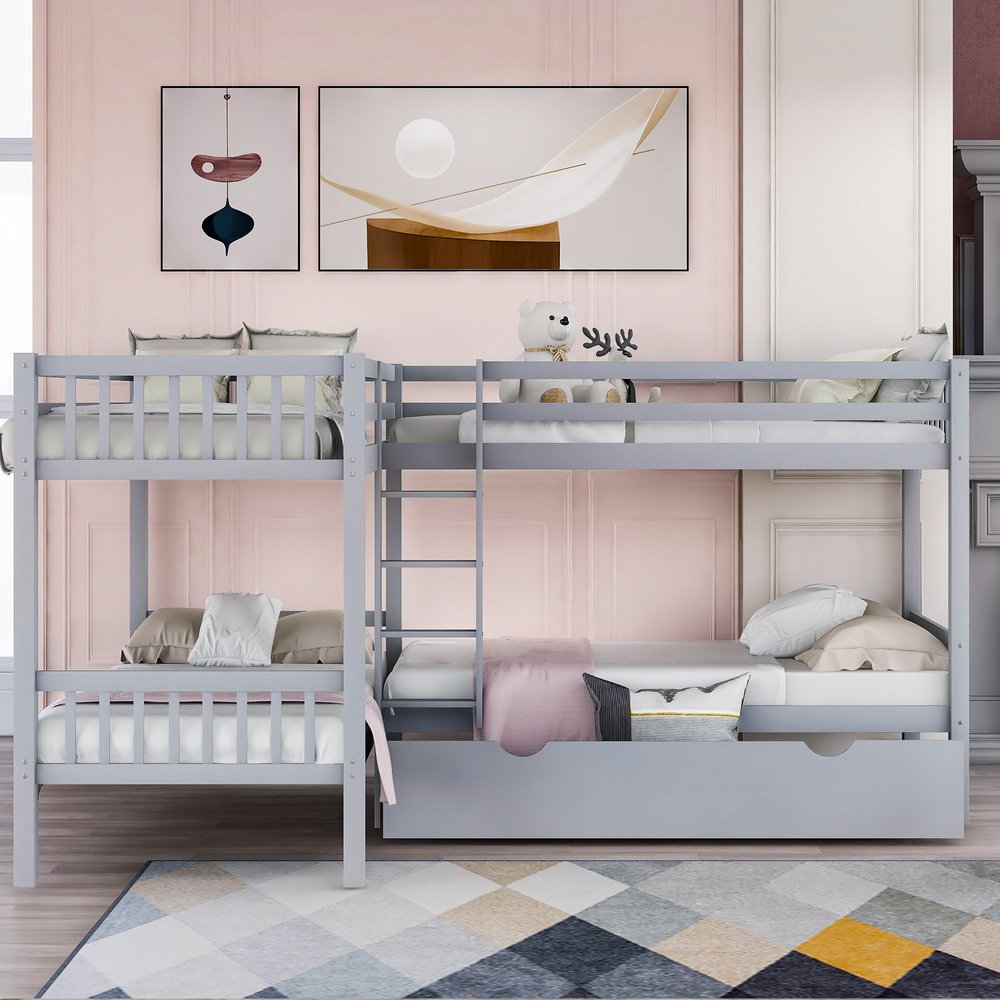 Gray Twin Over Twin L Shaped Wood Bunk Bed With Drawers