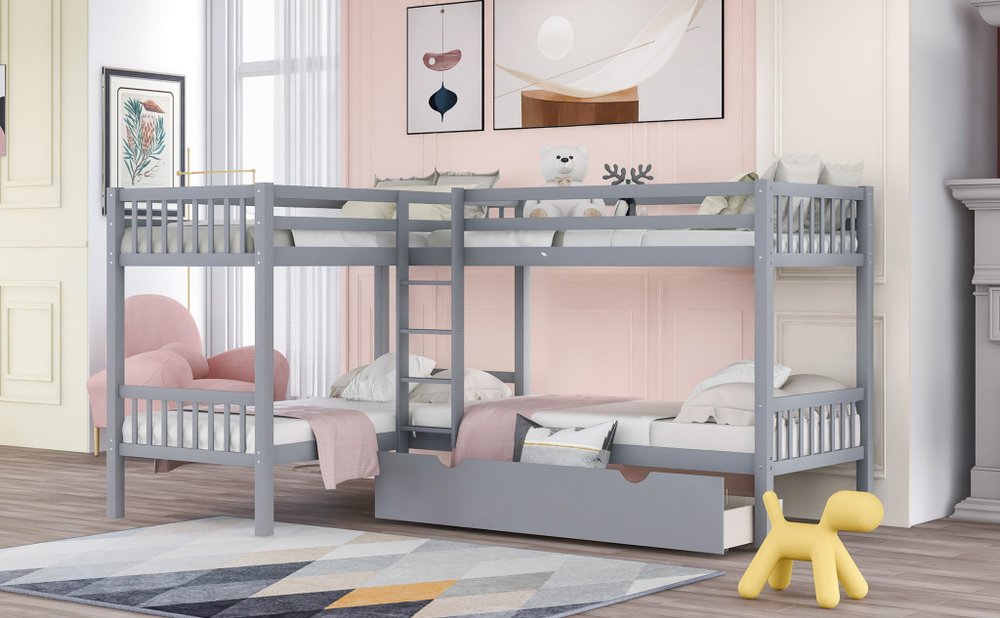Gray Twin Over Twin L Shaped Wood Bunk Bed With Drawers