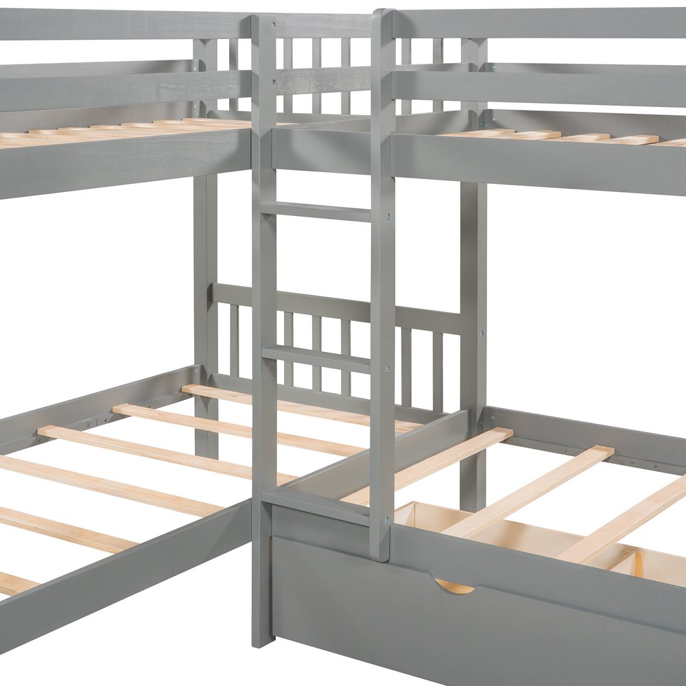 Gray Twin Over Twin L Shaped Wood Bunk Bed With Drawers