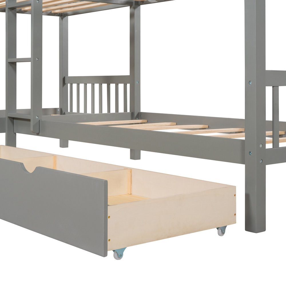 Gray Twin Over Twin L Shaped Wood Bunk Bed With Drawers