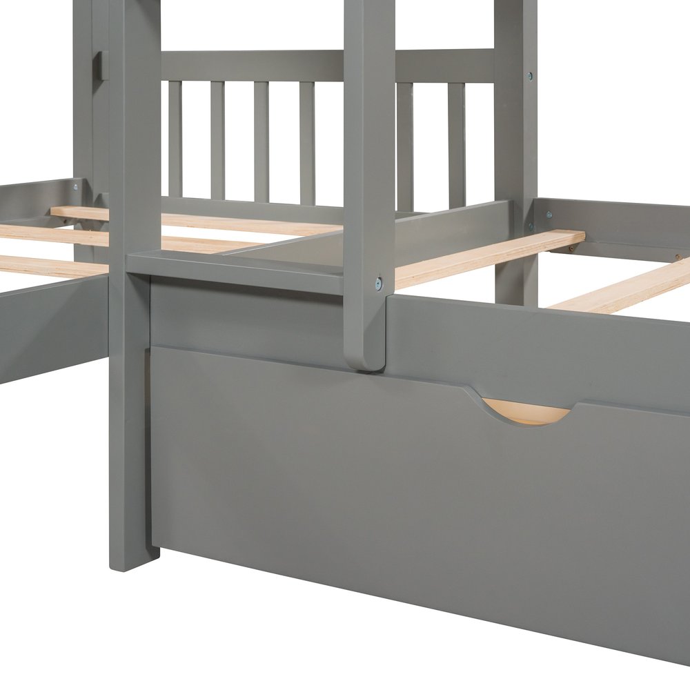 Gray Twin Over Twin L Shaped Wood Bunk Bed With Drawers