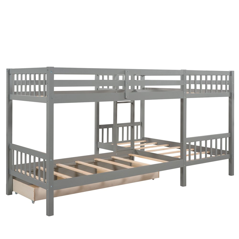Gray Twin Over Twin L Shaped Wood Bunk Bed With Drawers