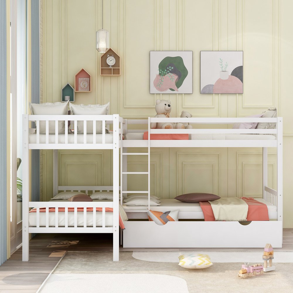 White Twin Over Twin Wood Bunk Bed With Drawers And Storage