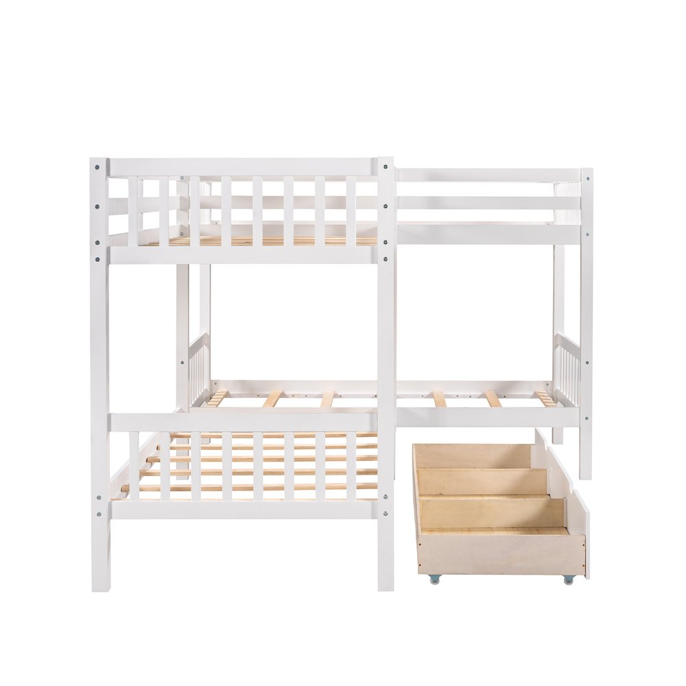 White Twin Over Twin Wood Bunk Bed With Drawers And Storage