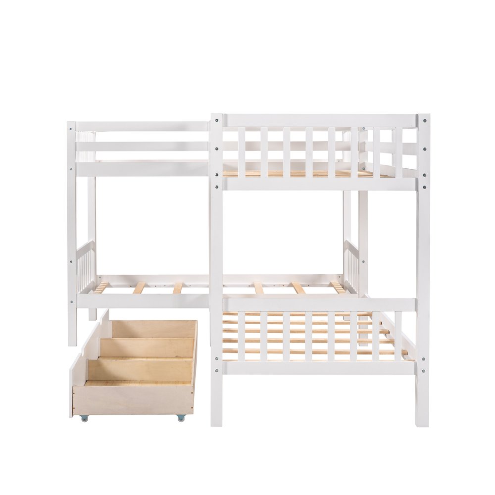 White Twin Over Twin Wood Bunk Bed With Drawers And Storage
