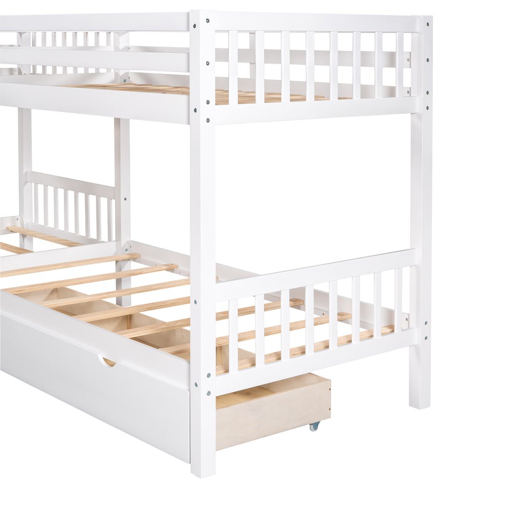 White Twin Over Twin Wood Bunk Bed With Drawers And Storage