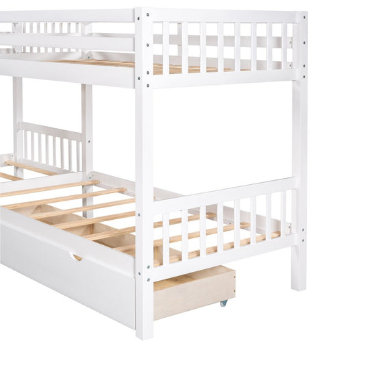 White Twin Over Twin Wood Bunk Bed With Drawers And Storage