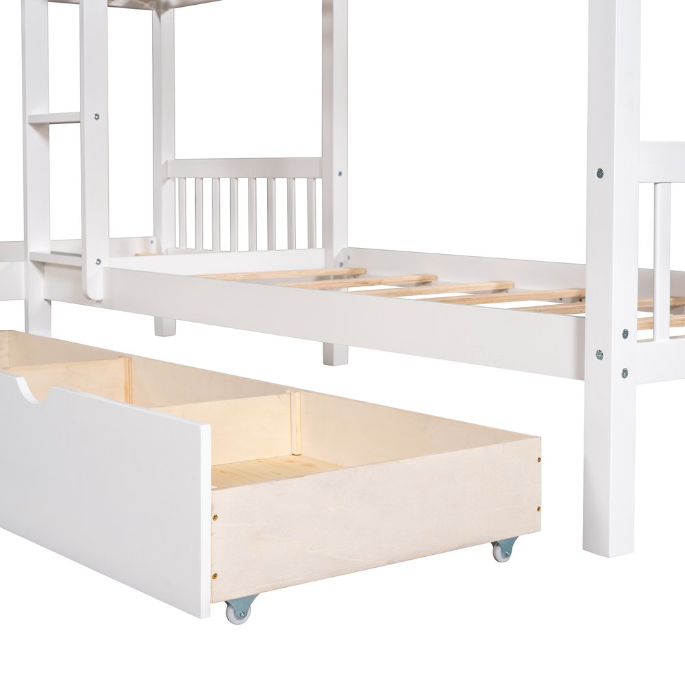 White Twin Over Twin Wood Bunk Bed With Drawers And Storage