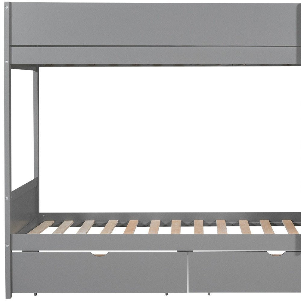 Gray Twin Over Twin Wood Bunk Bed With Drawers And Bookshelf