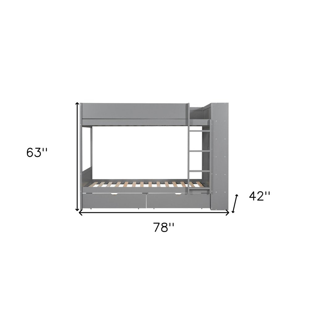 Gray Twin Over Twin Wood Bunk Bed With Drawers And Bookshelf