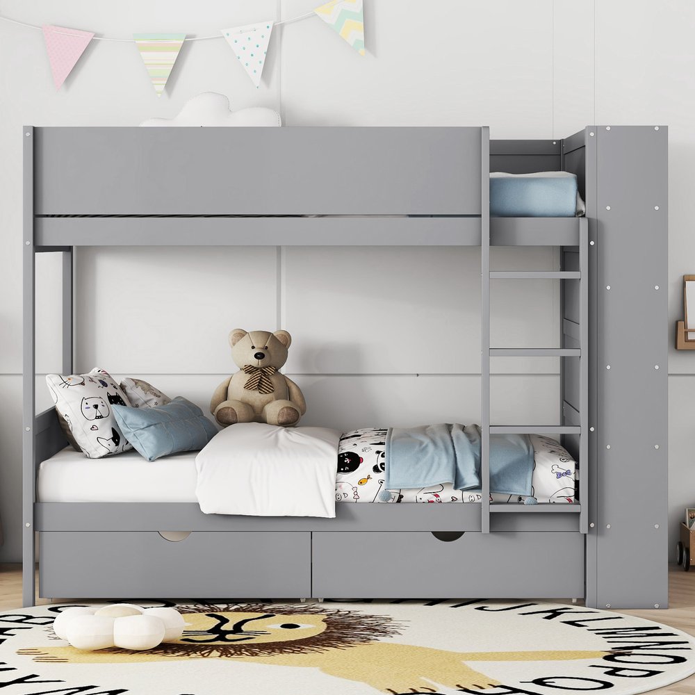 Gray Twin Over Twin Wood Bunk Bed With Drawers And Bookshelf