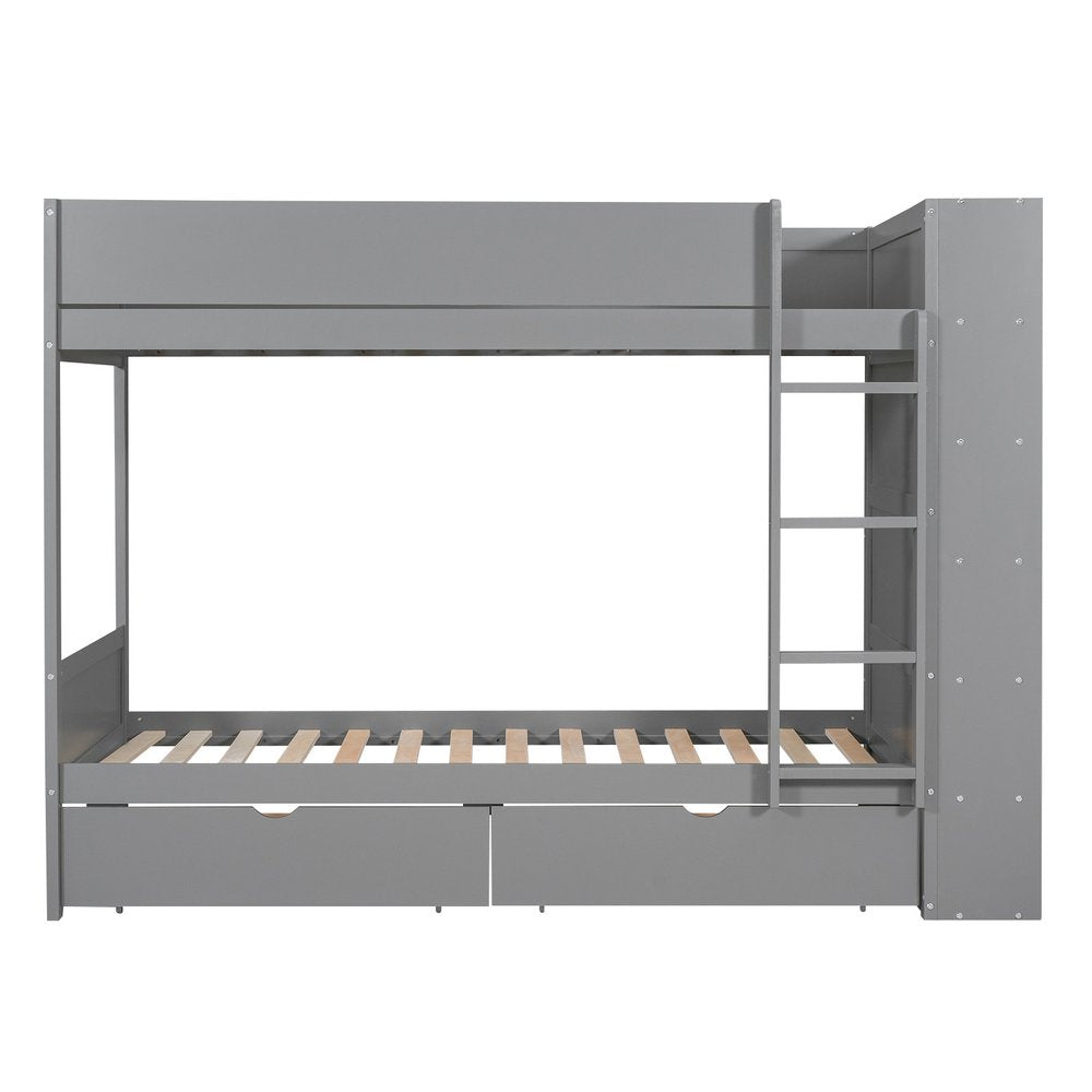 Gray Twin Over Twin Wood Bunk Bed With Drawers And Bookshelf