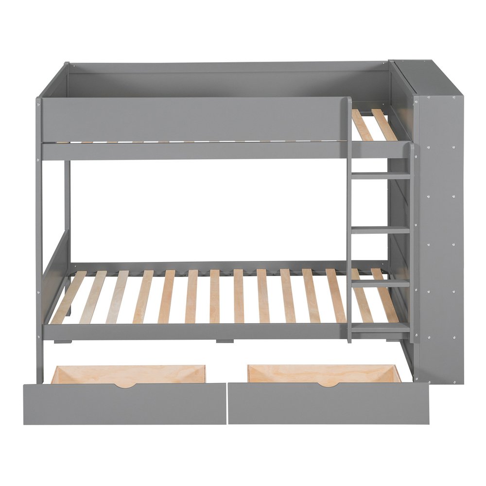 Gray Twin Over Twin Wood Bunk Bed With Drawers And Bookshelf