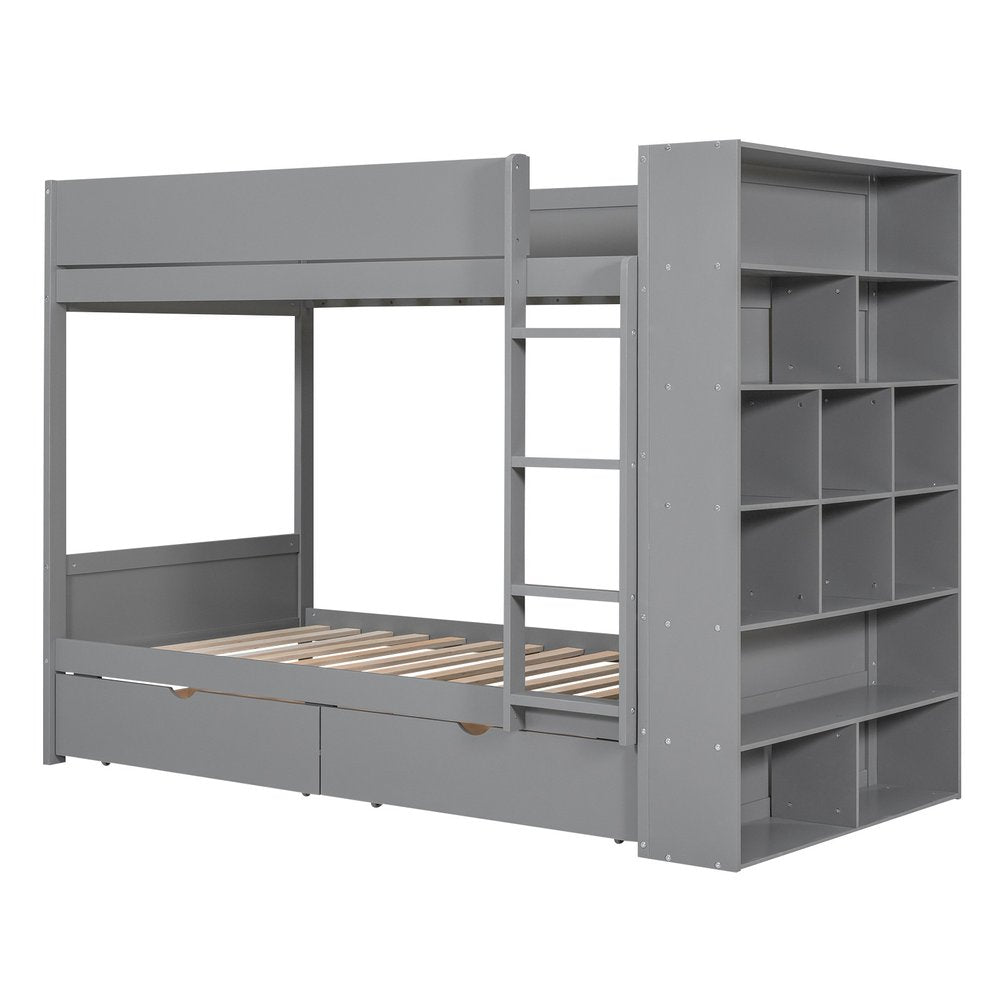 Gray Twin Over Twin Wood Bunk Bed With Drawers And Bookshelf