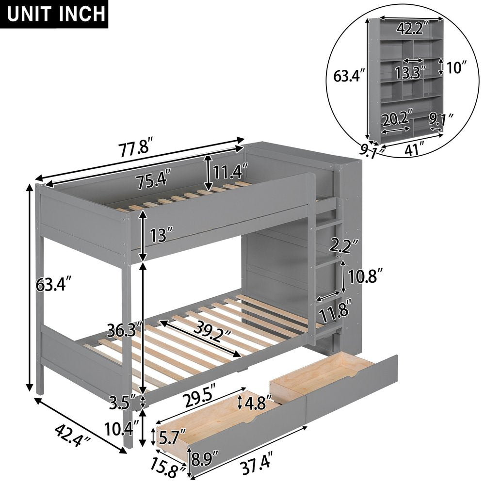 Gray Twin Over Twin Wood Bunk Bed With Drawers And Bookshelf