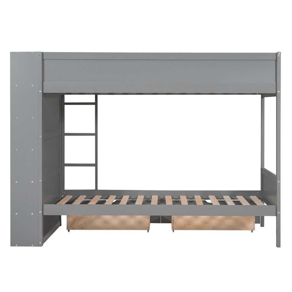 Gray Twin Over Twin Wood Bunk Bed With Drawers And Bookshelf