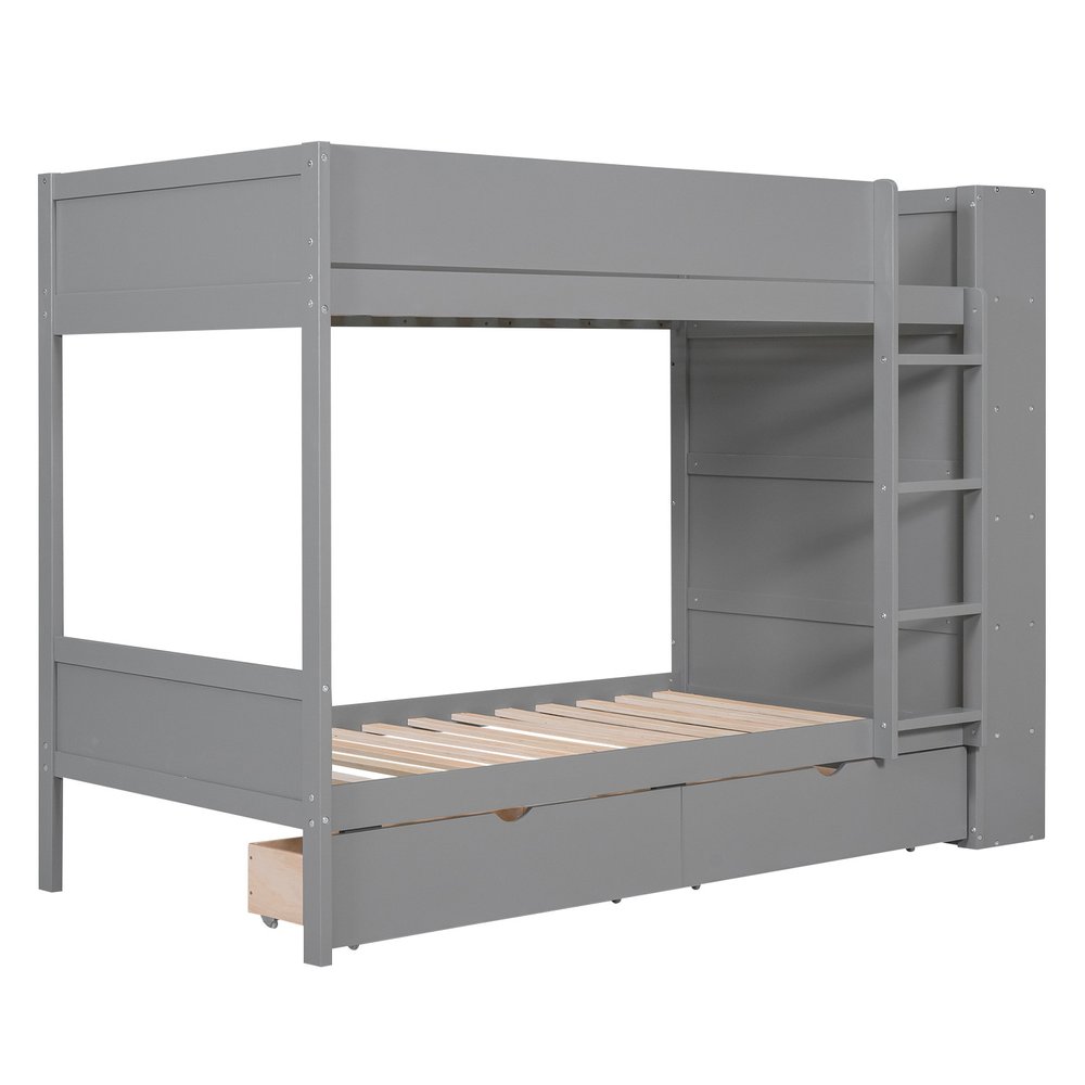 Gray Twin Over Twin Wood Bunk Bed With Drawers And Bookshelf