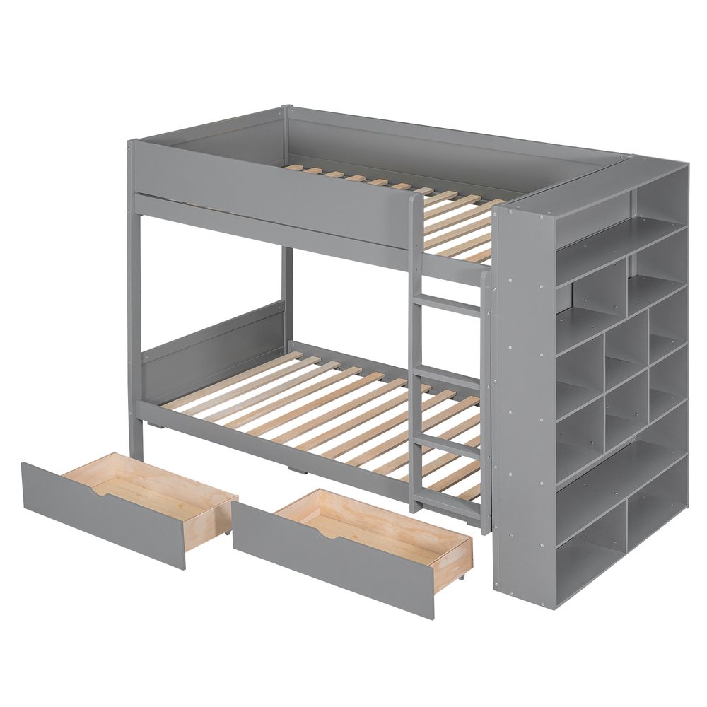 Gray Twin Over Twin Wood Bunk Bed With Drawers And Bookshelf