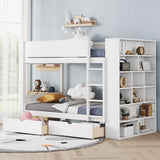 White Twin Over Twin Wood Bunk Bed With Drawers And Storage