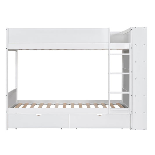 White Twin Over Twin Wood Bunk Bed With Drawers And Storage