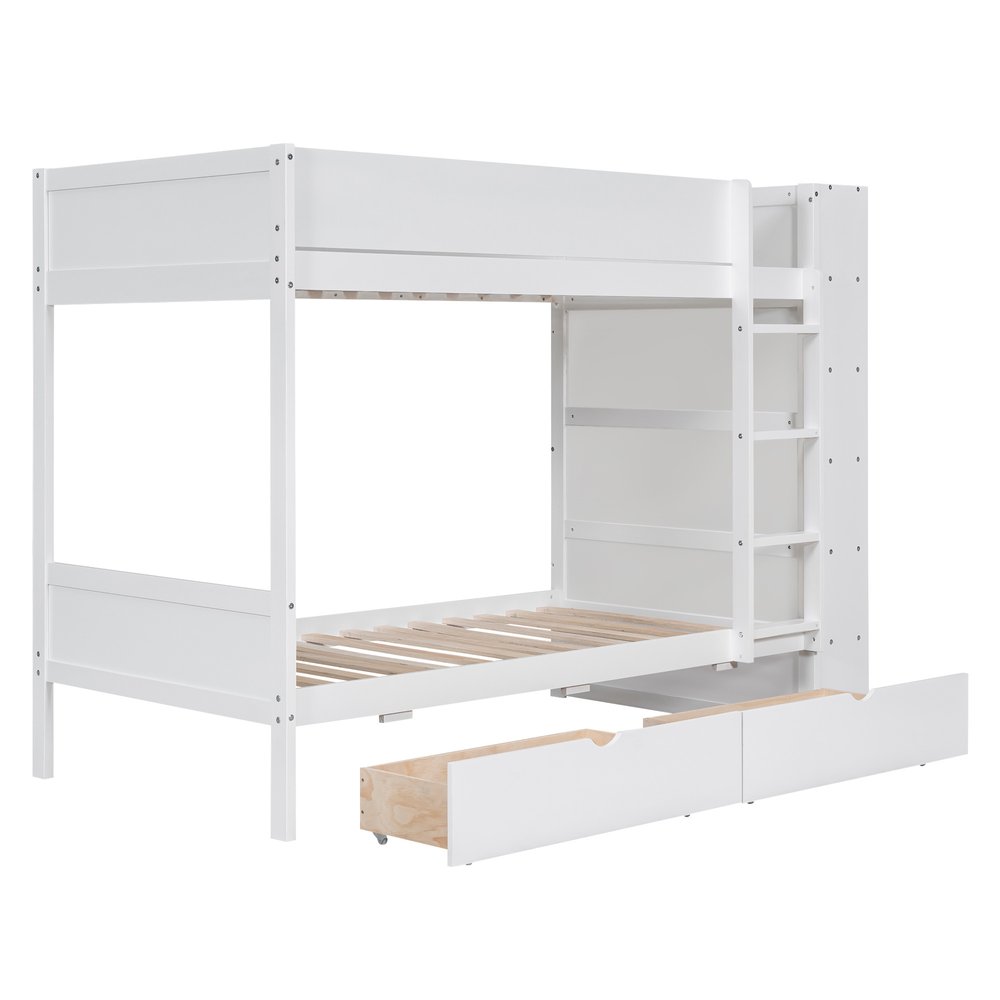 White Twin Over Twin Wood Bunk Bed With Drawers And Storage