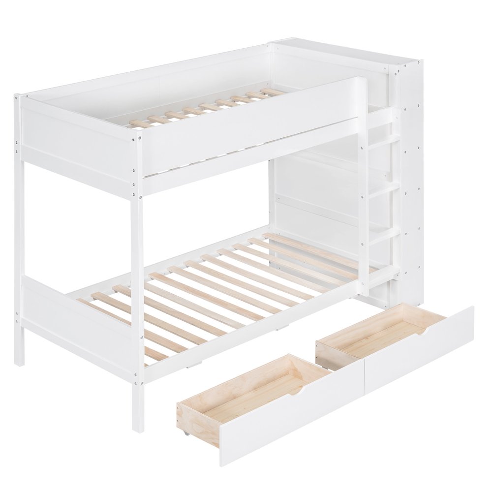 White Twin Over Twin Wood Bunk Bed With Drawers And Storage