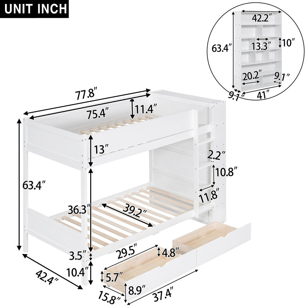 White Twin Over Twin Wood Bunk Bed With Drawers And Storage