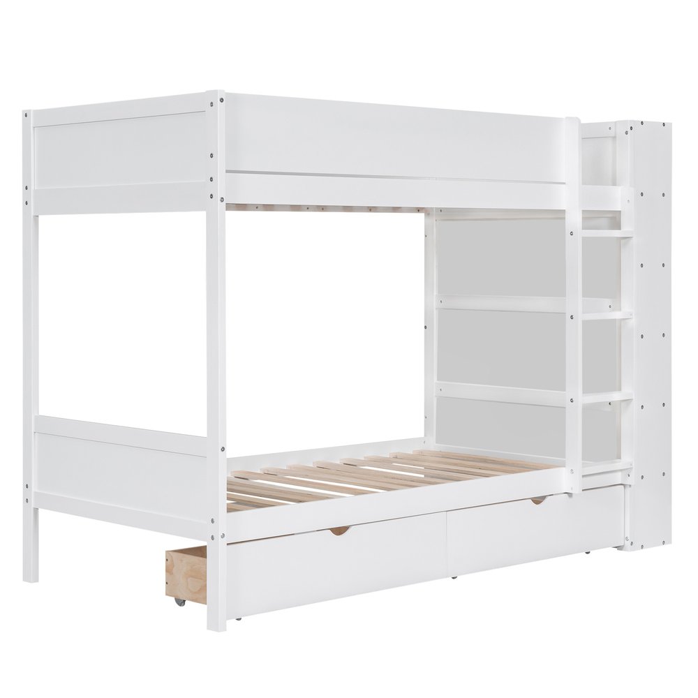 White Twin Over Twin Wood Bunk Bed With Drawers And Storage