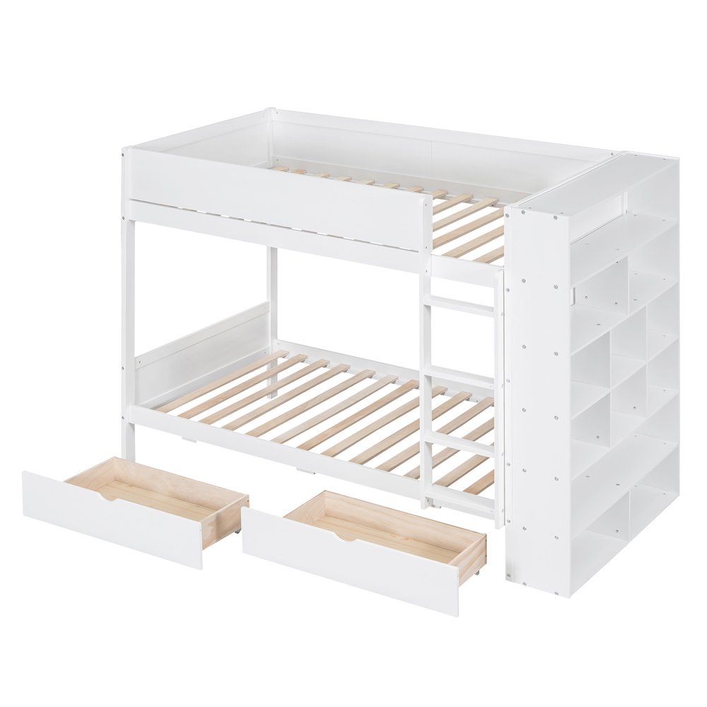 White Twin Over Twin Wood Bunk Bed With Drawers And Storage