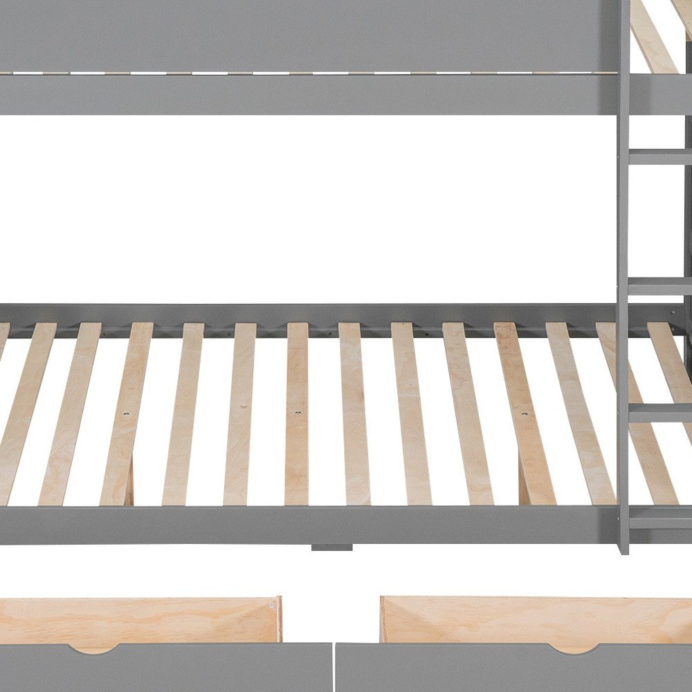 Gray Full Over Full Wood Bunk Bed With Stairs And Storage
