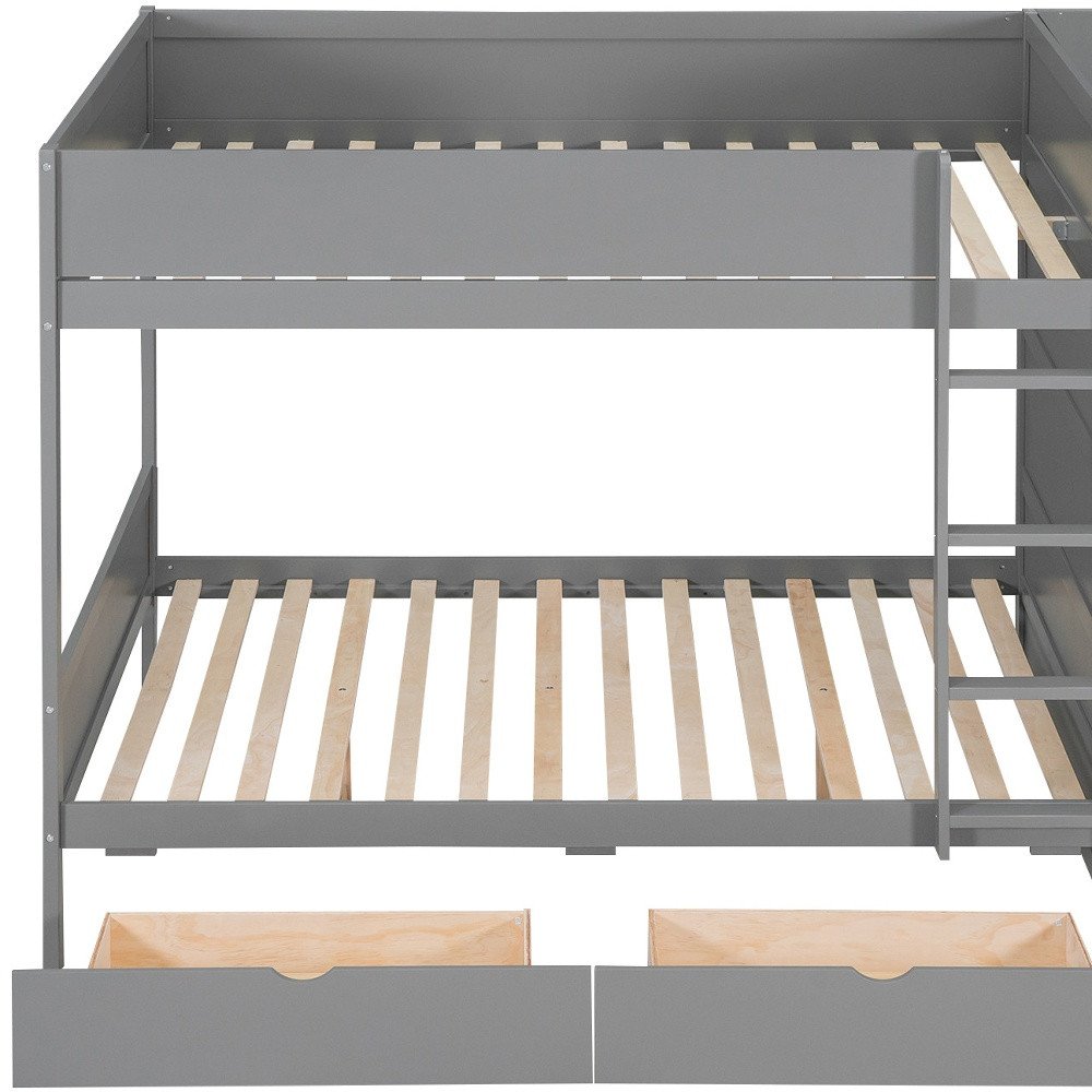 Gray Full Over Full Wood Bunk Bed With Stairs And Storage