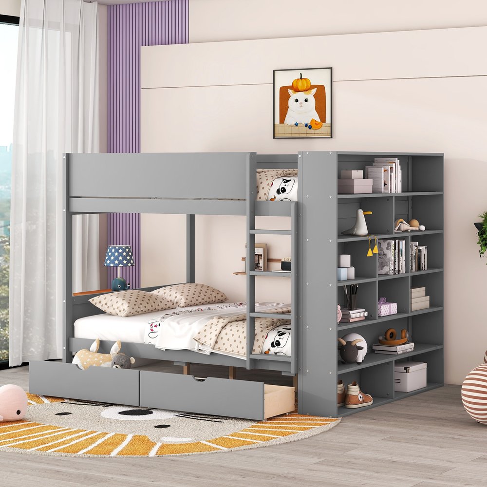 Gray Full Over Full Wood Bunk Bed With Stairs And Storage