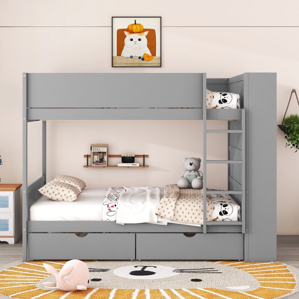 Gray Full Over Full Wood Bunk Bed With Stairs And Storage