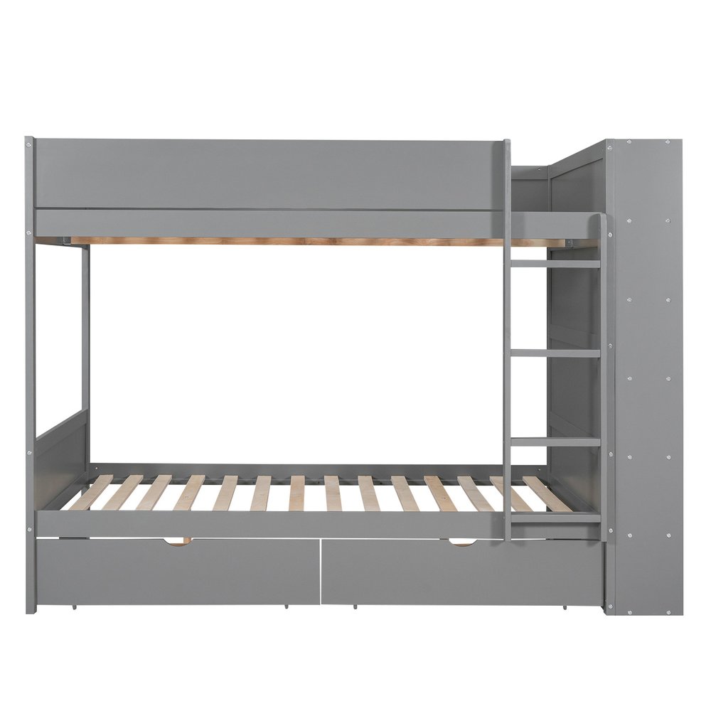 Gray Full Over Full Wood Bunk Bed With Stairs And Storage