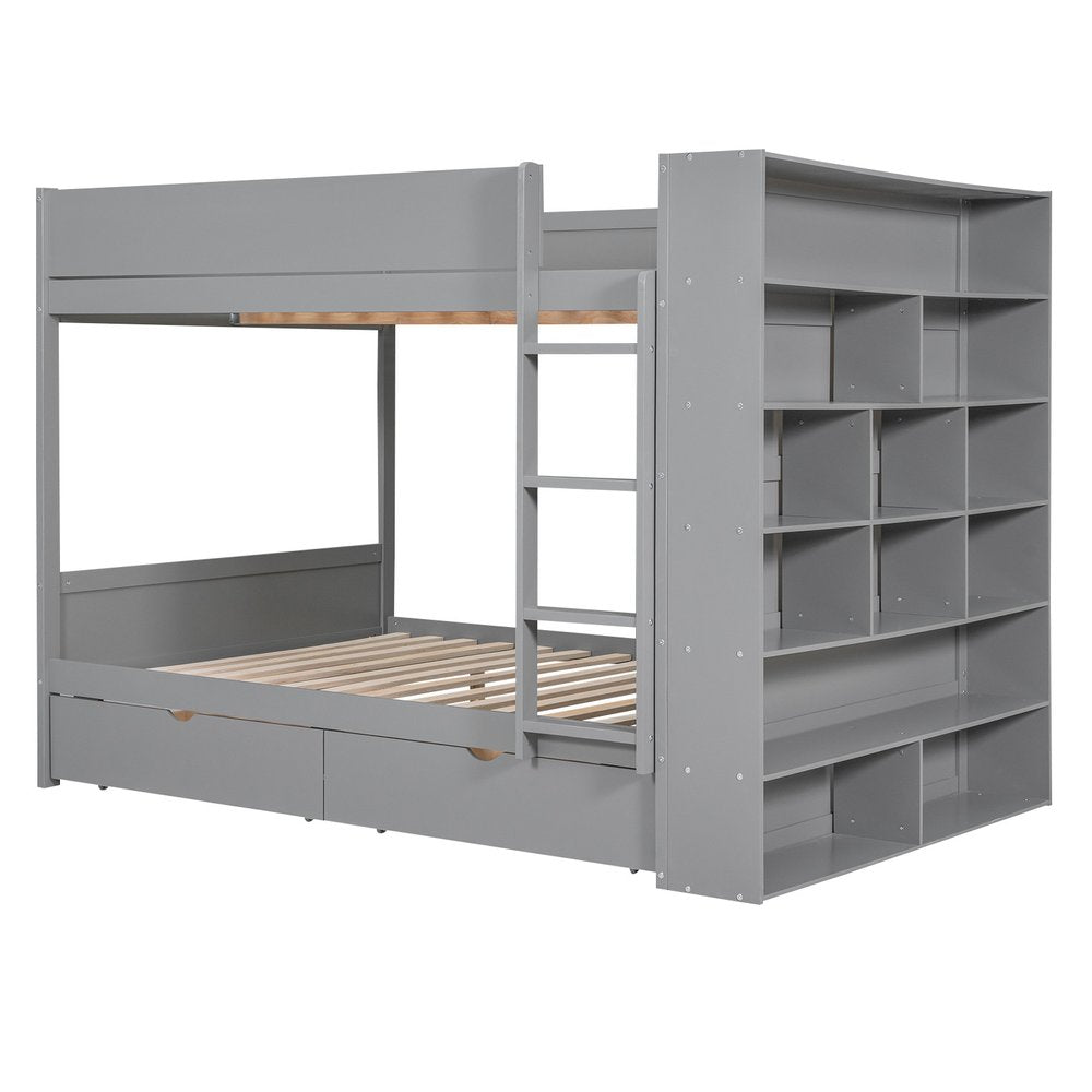 Gray Full Over Full Wood Bunk Bed With Stairs And Storage
