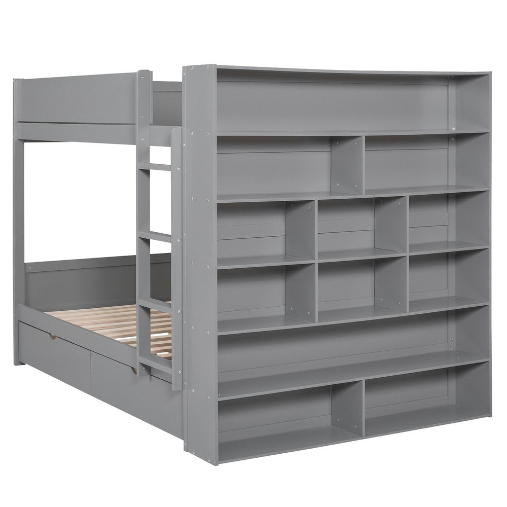 Gray Full Over Full Wood Bunk Bed With Stairs And Storage