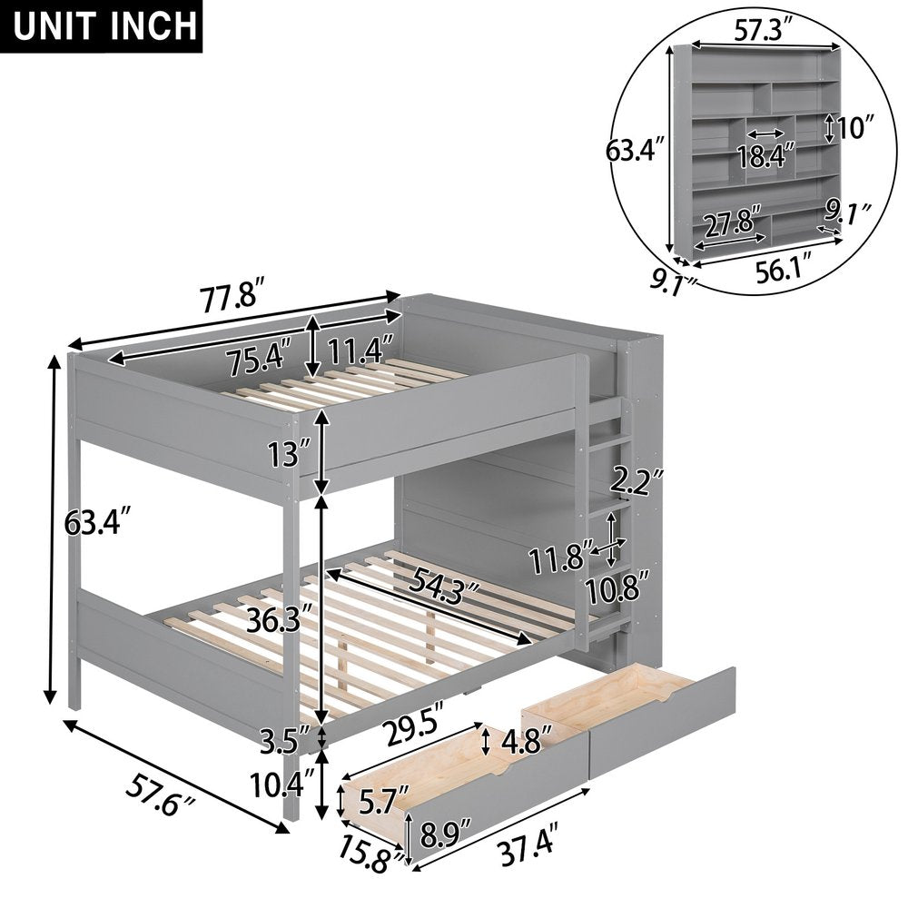 Gray Full Over Full Wood Bunk Bed With Stairs And Storage