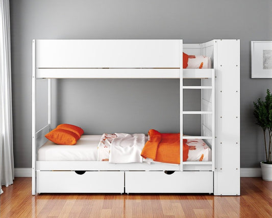 White Full Over Full Wood Bunk Bed With Drawers And Storage