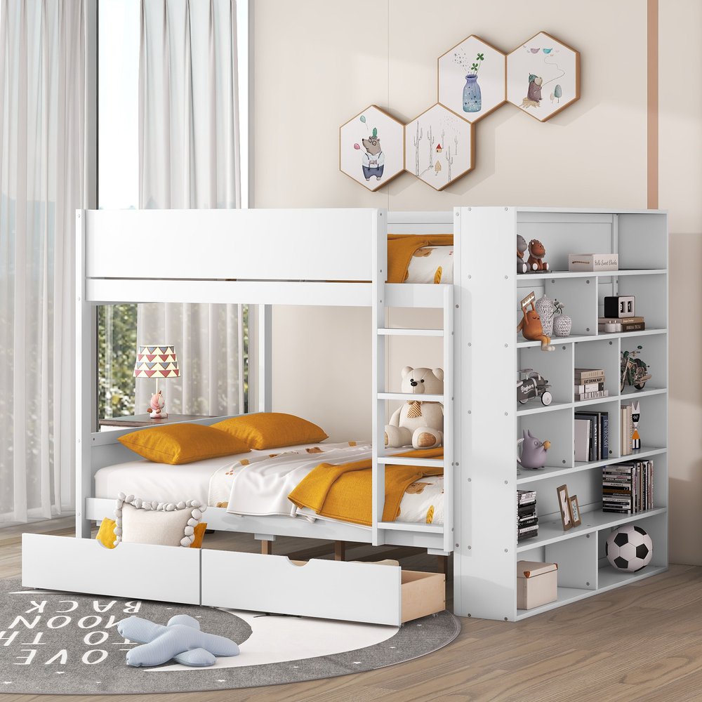White Full Over Full Wood Bunk Bed With Drawers And Storage