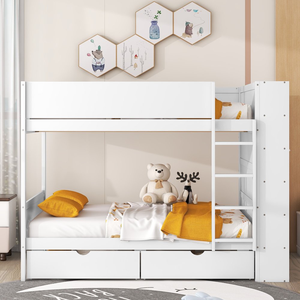 White Full Over Full Wood Bunk Bed With Drawers And Storage
