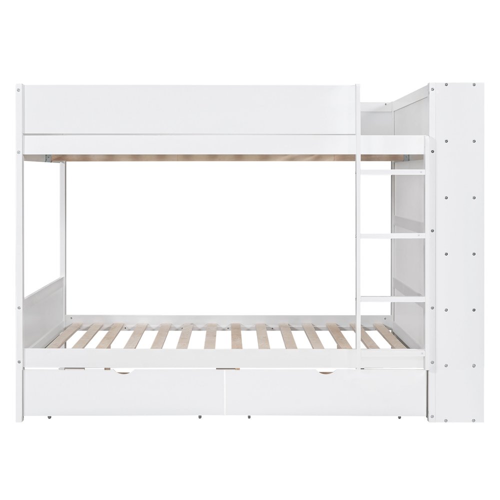 White Full Over Full Wood Bunk Bed With Drawers And Storage