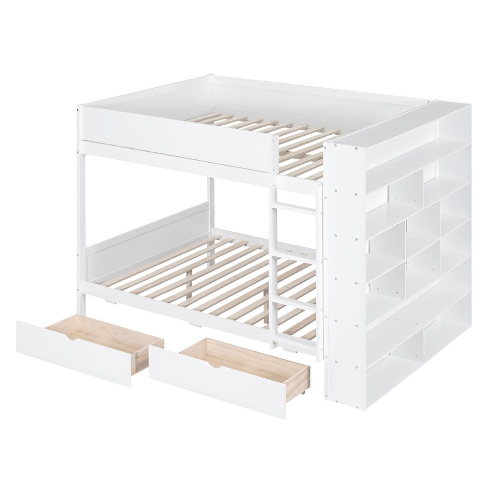 White Full Over Full Wood Bunk Bed With Drawers And Storage