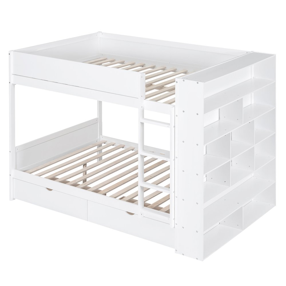 White Full Over Full Wood Bunk Bed With Drawers And Storage