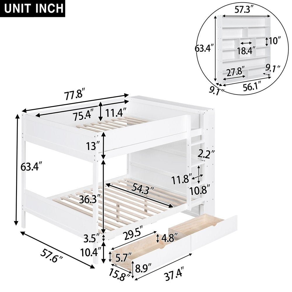 White Full Over Full Wood Bunk Bed With Drawers And Storage