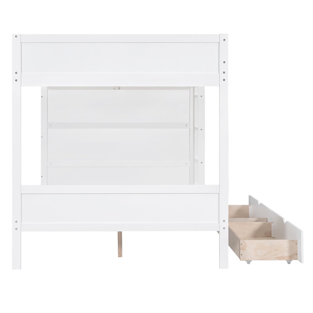 White Full Over Full Wood Bunk Bed With Drawers And Storage